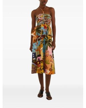 FARM Rio Tropical Painting Ruched Midi Dress - Metallic