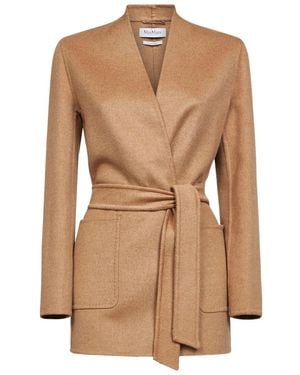 Max Mara Mandarin-Collar Belted Coat - Natural