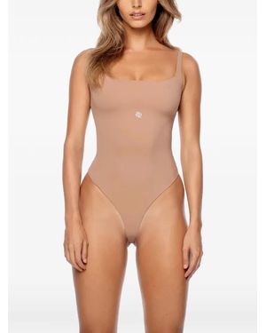 GOD SAVES QUEENS Logo-Print Scoop-Neck Bodysuit - Natural