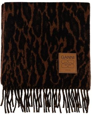 Ganni Animal-Motif Fringed Scarf - Black