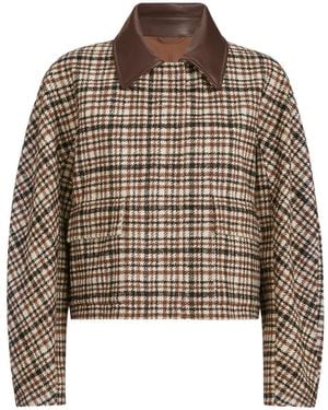 Brunello Cucinelli Comfort Checked Wool And Alpaca Outerwear Jacket With Leather-Collar And Monili - Brown