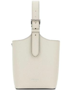 Prada Buckled Leather Bucket Bag - White