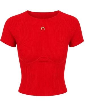 Marine Serre Fitted Roundneck Short-Sleeved Knit Top - Red