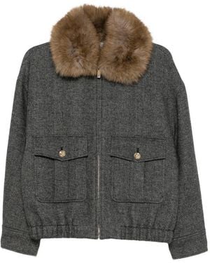 Maje Herringbone Faux-Fur Collar Jacket - Grey