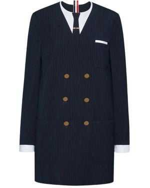 Thom Browne Wool Seersucker Trompe L'Oeil Shift Mini Dress - Blue