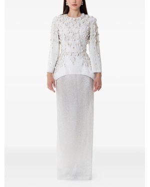Dina Melwani Crystal Pearl Embellished Couture Maxi Dress - White