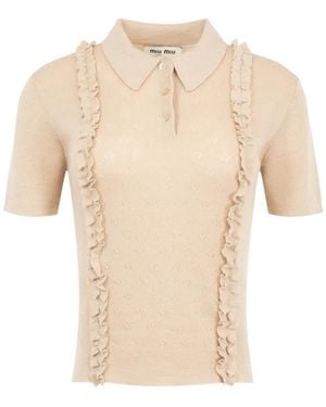 Miu Miu Ruffled Cashmere Polo Top - Natural