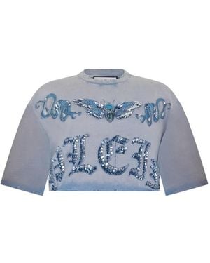 Philipp Plein Butterfly-Motif Cropped T-Shirt - Blue