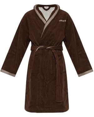 Versace Embroidered-Graphic Cotton Bathrobe - Brown