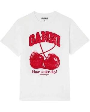 Ganni Printed Cotton T-Shirt - White