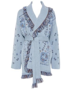 Alanui Fringe-Trimmed Paisley-Intarsia Cardigan - Blue