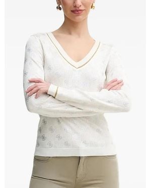 Guess Logo-Pattern V-Neck Jumper - White