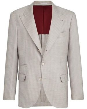 Brunello Cucinelli Cashmere And Silk Chevron Deconstructed Blazer With Peak Lapels - Grey