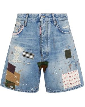 DSquared² Patchwork Paint-Splatter Denim Shorts - Blue