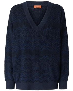 Missoni Zig Zag Viscose And Wool V-Neck Sweater - Blue