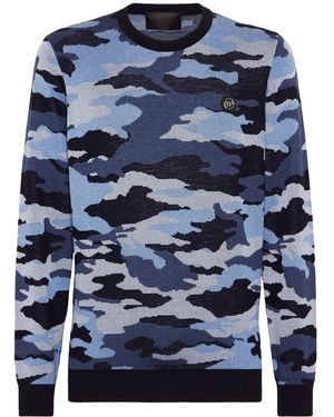 Philipp Plein Merino Wool Pullover Round Neck Ls Camouflage - Blue