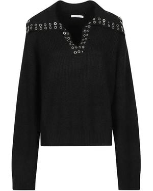 Patrizia Pepe Eyelet-Embellished V-Neck Jumper - Black