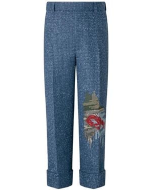 Thom Browne Buckle Tweed Scenic Lobster And Sailboat Embroidery Trousers - Blue