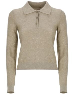 Emme Emmabate Sequin-Embellished Lurex-Detail Polo Top - Natural