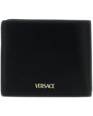 Versace V-logo Metal Leather Wallet - Black
