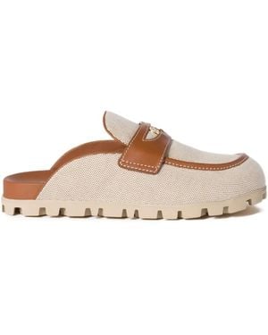 Miu Miu Leather-Trimmed Canvas Mules - Natural