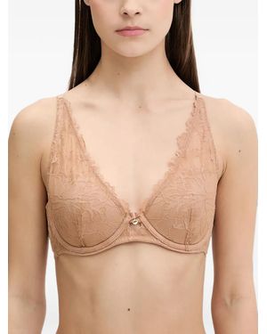 Emporio Armani Lace-Overlay Logo-Strap Bra - Natural