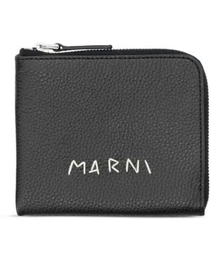 Marni Leather Zip-Around Wallet With Mending-Embroidery - Black