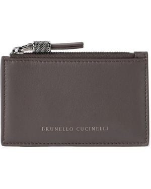 Brunello Cucinelli Calfskin Card Case With Shiny Zipper Pull - Grey