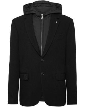 Billionaire Layered Hoodie Notch Lapels Blazer - Black
