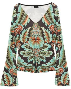 Etro Floral-Print Bell-Sleeve T-Shirt - Green