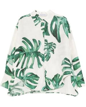 Raquel Diniz Leaf-Print Curved-Hem Shirt - Green
