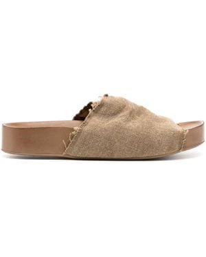Uma Wang Distressed Linen-Leather Slides - Brown