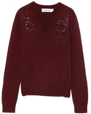 Self-Portrait Burgundy Flower Wool Sweater - Red