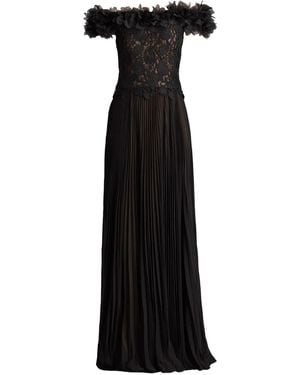 Tadashi Shoji Off-Shoulder Pleated Chiffon & Lace Gown - Black