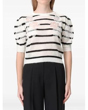 Twinset Striped Floral-Detail T-Shirt - White