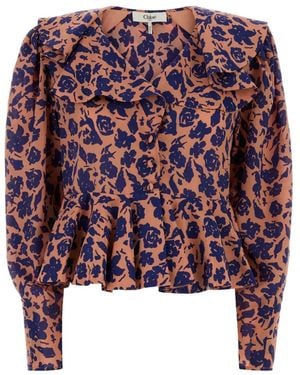 Chloé Ruffled Floral-Print Crepe Blouse - Red