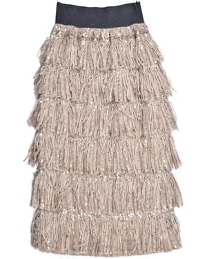 Brunello Cucinelli Sequin-Embellished Fringed Skirt - Natural