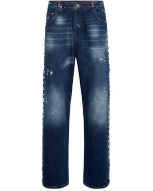 Philipp Plein Beach Boy Fit Star-Studded Distressed Jeans - Blue