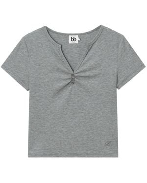 B+ AB Ribbed-Knit Button-Detail T-Shirt - Grey