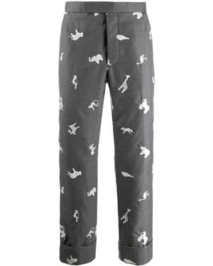 Thom Browne Animal-Embroidered Cropped Trousers - Grey