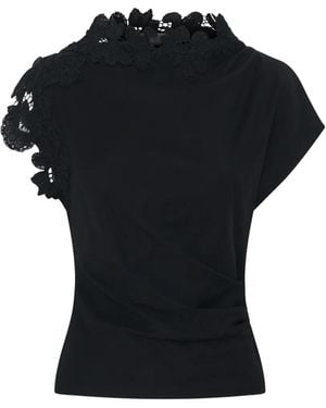 Anna Quan Nelly Guipure Lace-Trim Draped T-Shirt - Black
