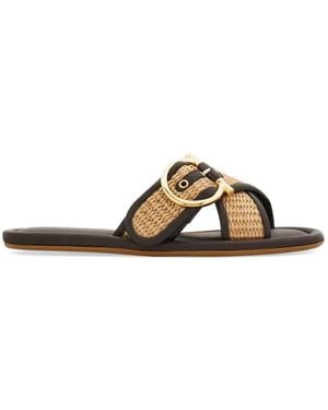 Ferragamo Double Strap Gancini Ornament Slides - Brown