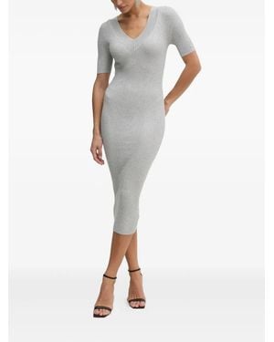 Guess Ribbed V-Neck Midi Dress - White