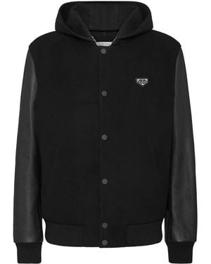 Philipp Plein Leather Sleeves Hooded Bomber Jacket - Black