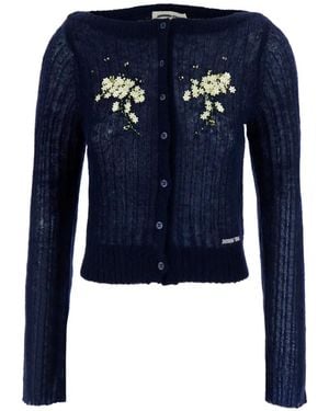 ShuShu/Tong Floral-Embellished Long-Sleeve Cardigan - Blue