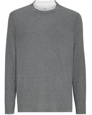Brunello Cucinelli Silk And Cotton Lightweight-Jersey Long-Sleeve Crew-Neck T-Shirt With Contrast-Detail - Grey