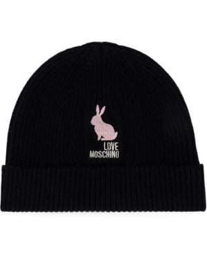 Love Moschino Rabbit-Embroidered Ribbed-Knit Beanie Hat - Black
