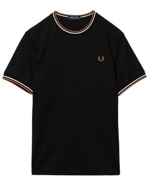 Fred Perry Logo-Embroidered Striped-Cuff T-Shirt - Black
