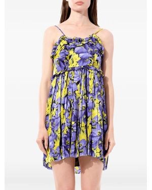 Balenciaga Floral-Print Ruffled Dress - Blue
