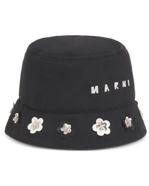 Marni Taffeta Bucket Hat With Daisy Appliqués - Black